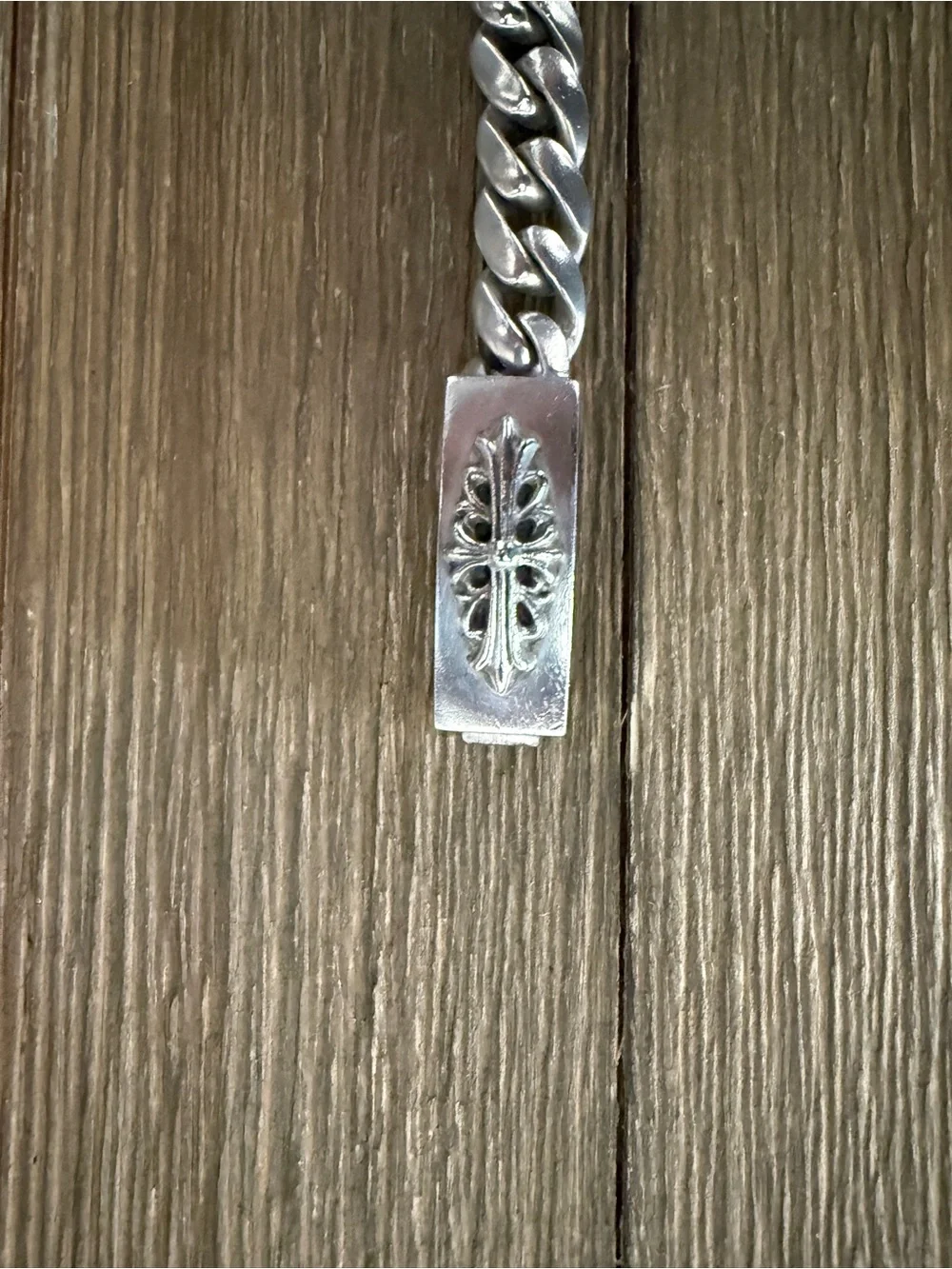Chrome Hearts Silver Curb Chain Bracelet with Cross Plate